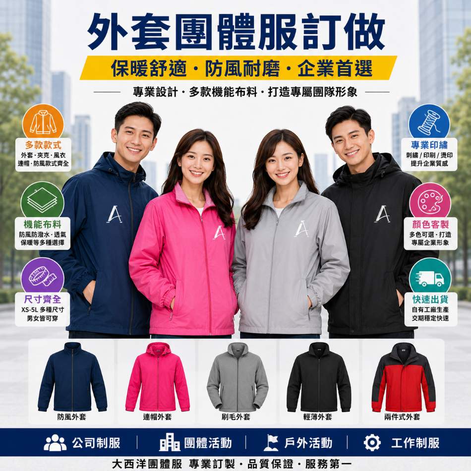 防風外套團體服訂做：大西洋團體服提供企業公司制服、防風防潑水機能外套客製專業建議